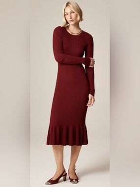 NWT J. Crew Super-Stretch Ruffle Sweater Dress in Inky Burgundy, CP155, Small
